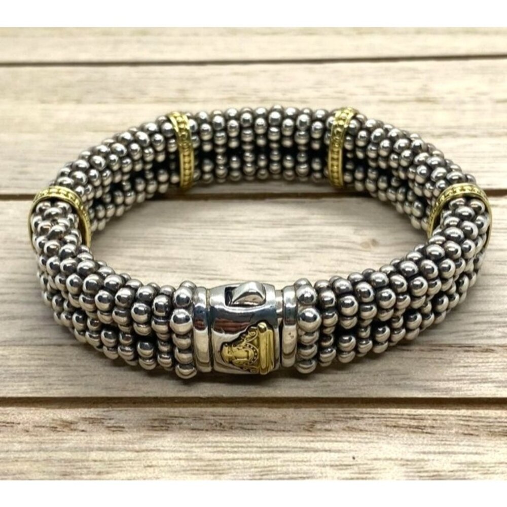 Lagos Caviar Sterling Silver 925 18K 750 Diamond Bracelet 14.4mm Wide